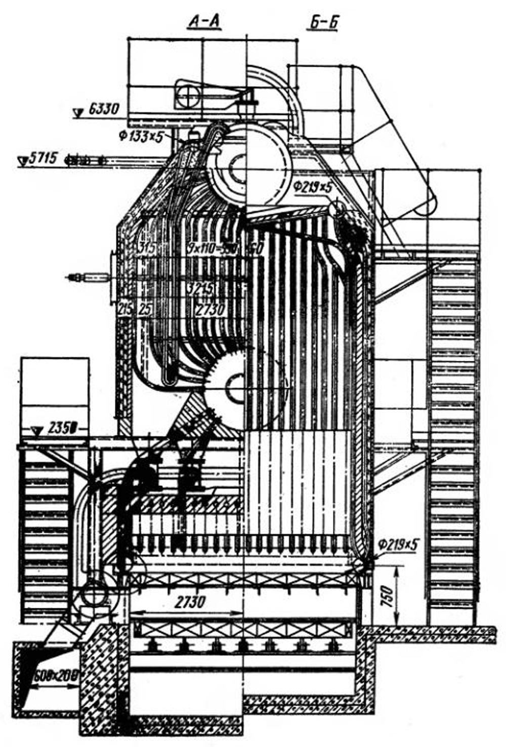 Паровые котлы ДКВР-20-13-250. Поперечный разрез Паровые котлы ДКВР-20-13-250